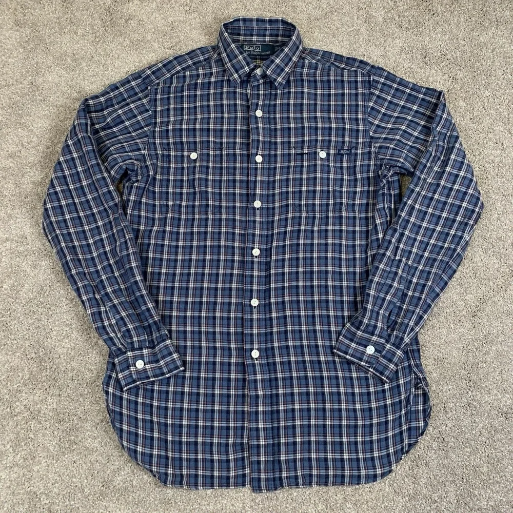 Polo Ralph Lauren Long Sleeved Linen Blend Workshirt Blue Plaid Men's Small‎